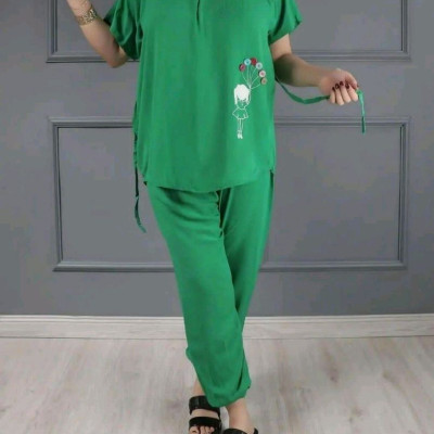 ست بلوز و شلوار نخی زنانه طرح دختر و بادکنک