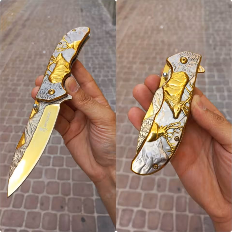 چاقو سفری برونینگ طرح سه بعدی گوزن طلایی تاشو ضامن دار خارجی چاقو چاقو 