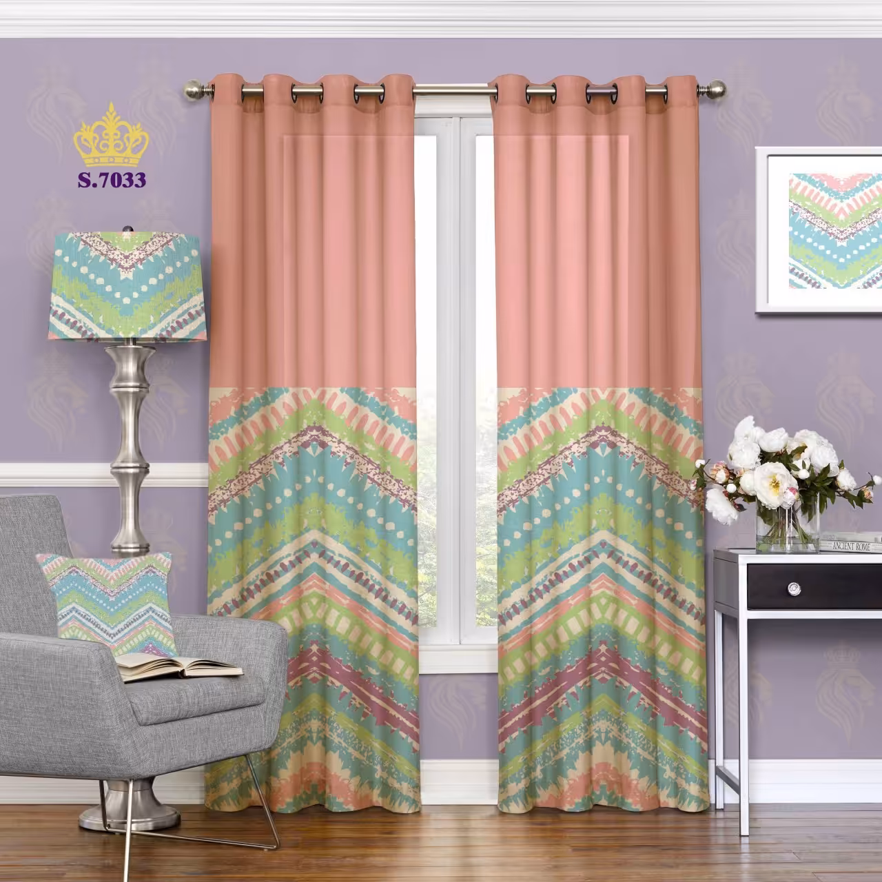 پرده پذیرایی دو قواره طرح ابرنگی کد S7033