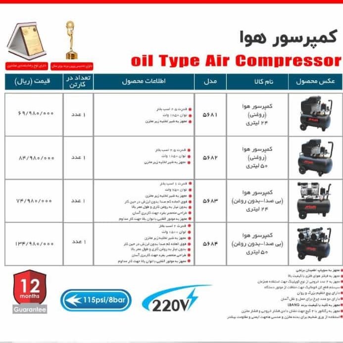 کمپرسور باد 50 لیتری اروا  سایلنت5684