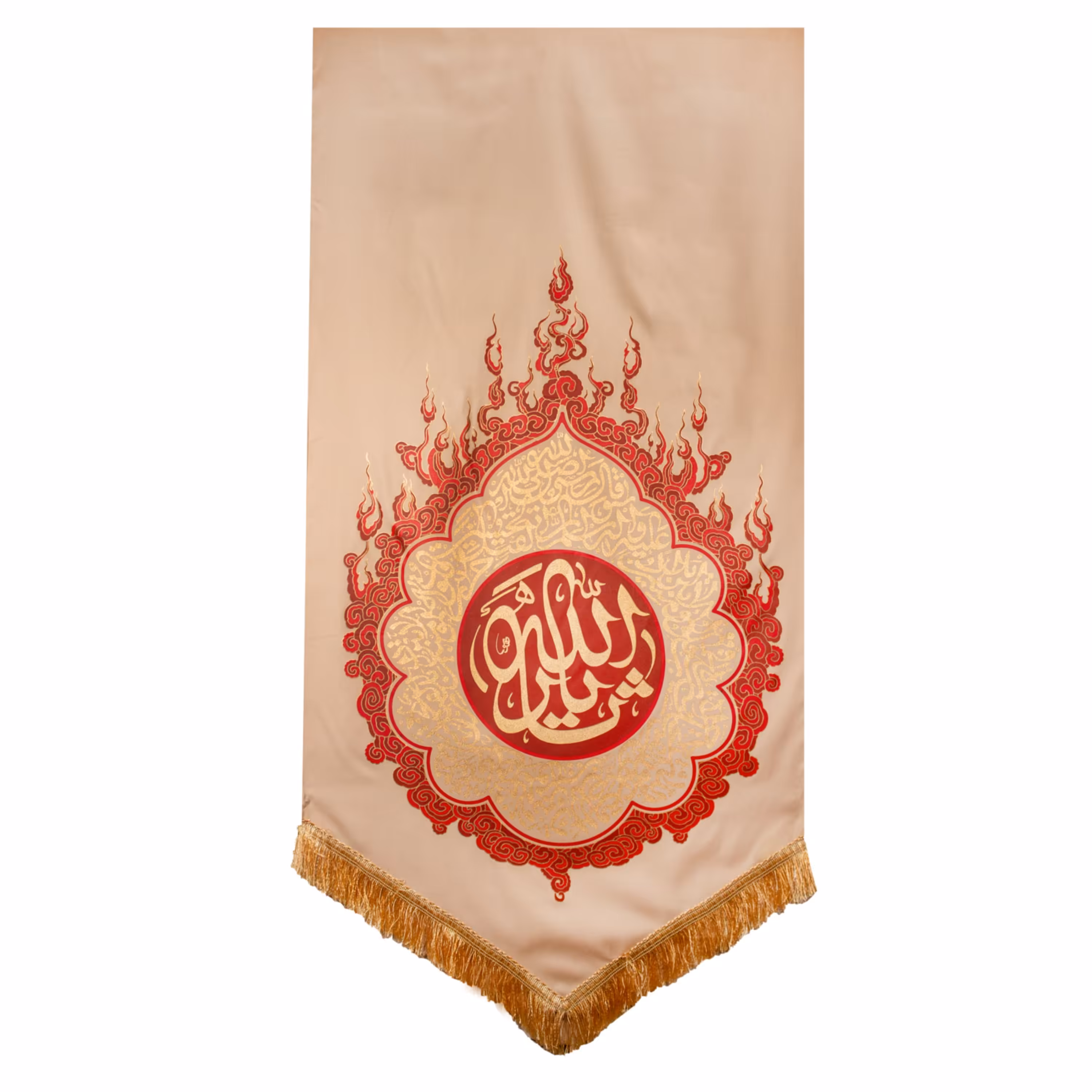 201176-بیرق حرارت کرم 70در150 طرح یا ثارالله پارچه کج‌راه (مناسب برای محرم و صفر و عزاداری ها و مجالس مذهبی)