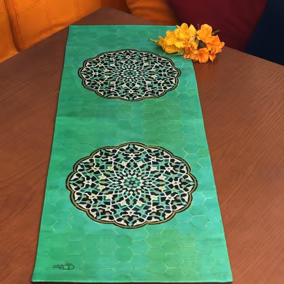 رانر مخمل کوبیده آستردوزی سایز 100 طرح مسجد جامع یزد سبز