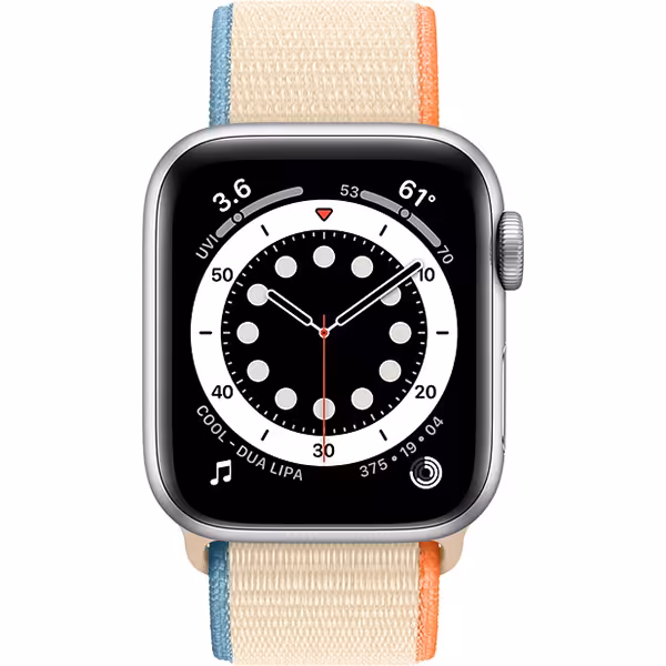 سری 6 آلومینیوم 44 میلیمتری مردانه قاب نقره ای با بند اسپرت لوپ کرمی - Hiapple.ir