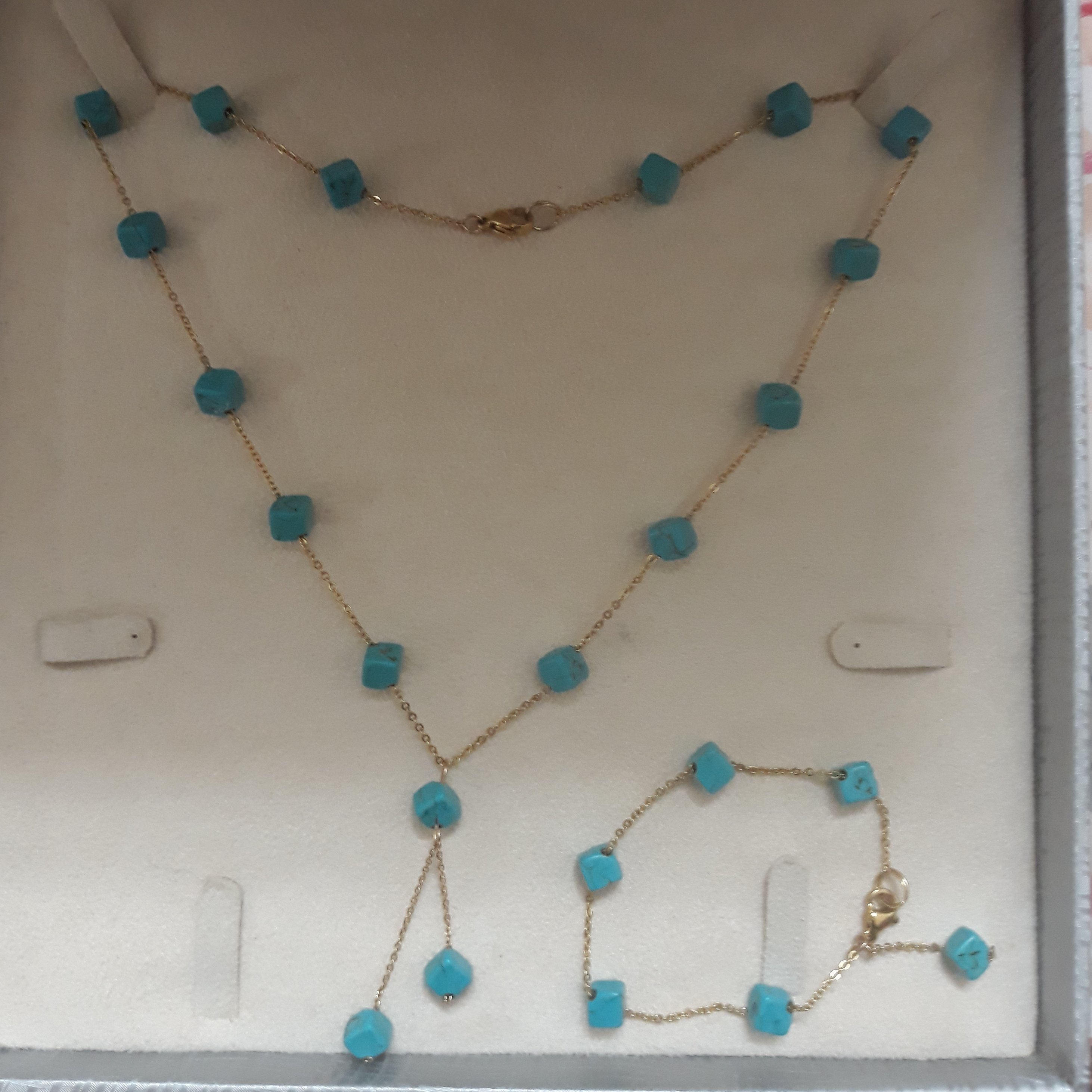 نیم ست گردنبند و دستبند  استیل سنگ مکعبی فیروزه