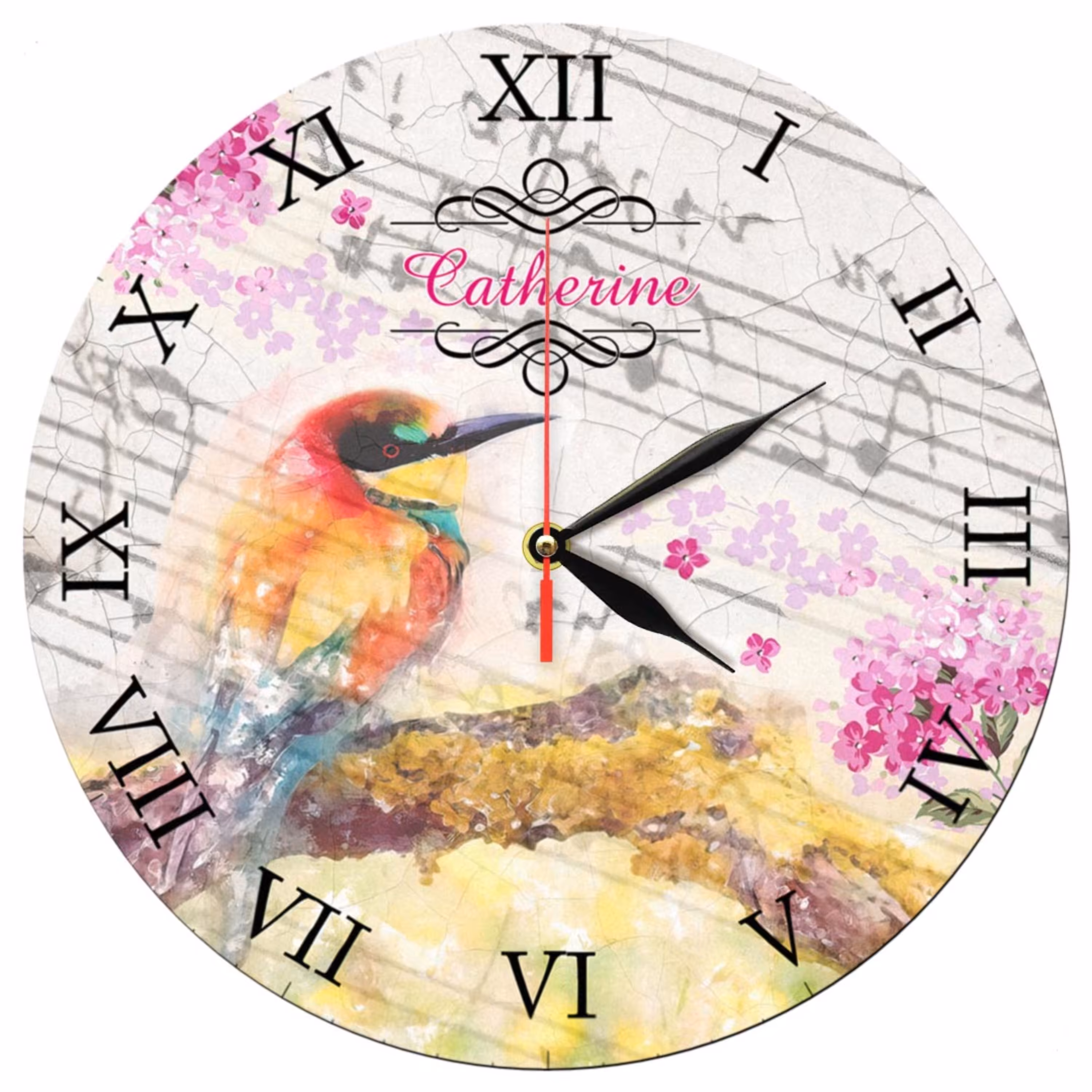 ساعت دیواری گرد مدل 1214 طرح دکوپاژ پرنده و شاخه و گل قطر 30 سانتیمتر