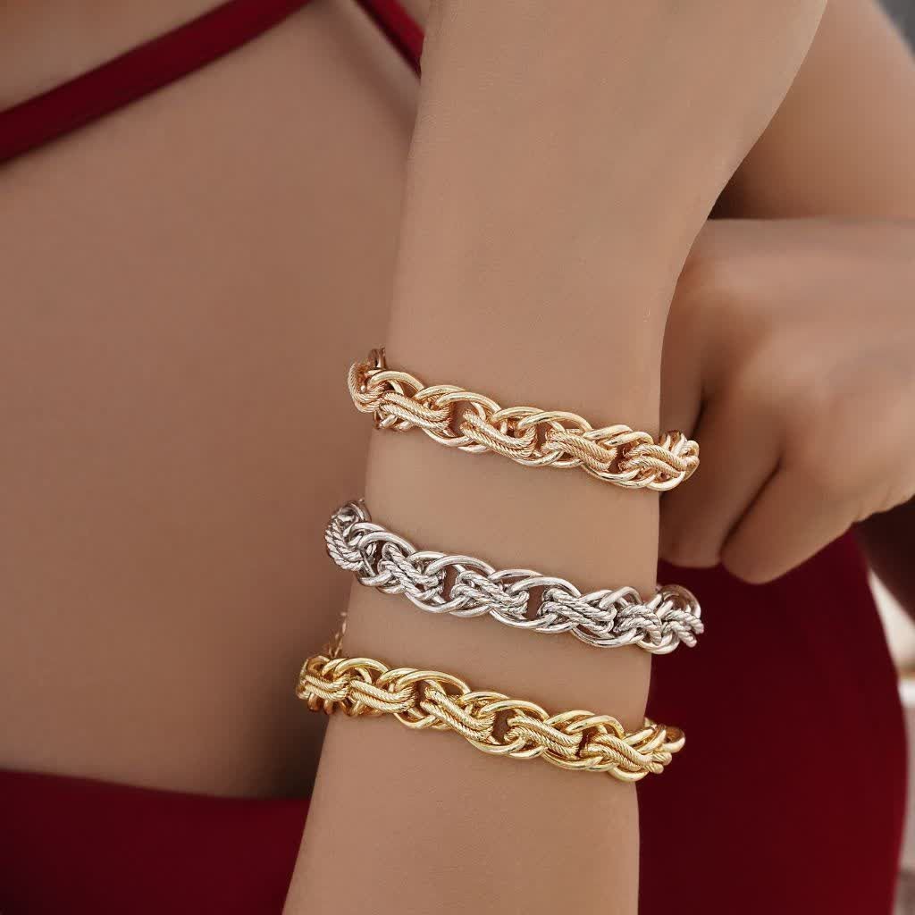 دستبند زنجیری کد11183 طرح طلا.در سه رنگ طلایی.رزگلد.سفید.آبکاری طلای 24 عیار و رادیوم.رنگ ثابت.ضدحساسیت