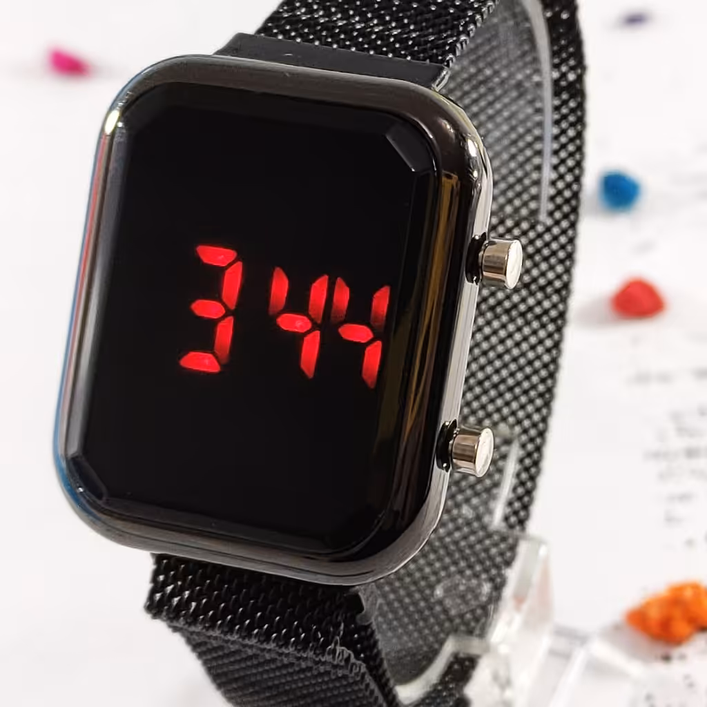 ساعت 2دکمه ال ای دی بند حصیری مگنتی مشکی