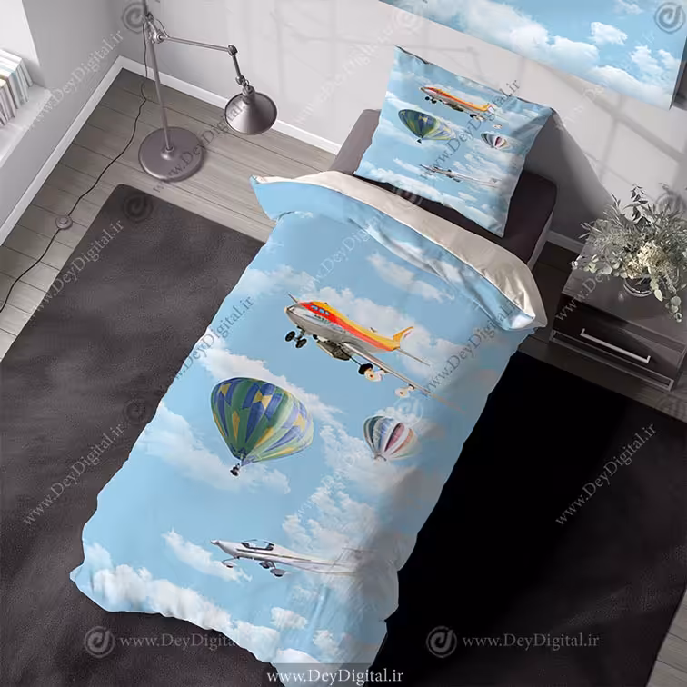 روتختی سه بعدی پسرانه طرح هواپیما و بالن های بزرگ در حال پرواز در آسمان pk-4147
