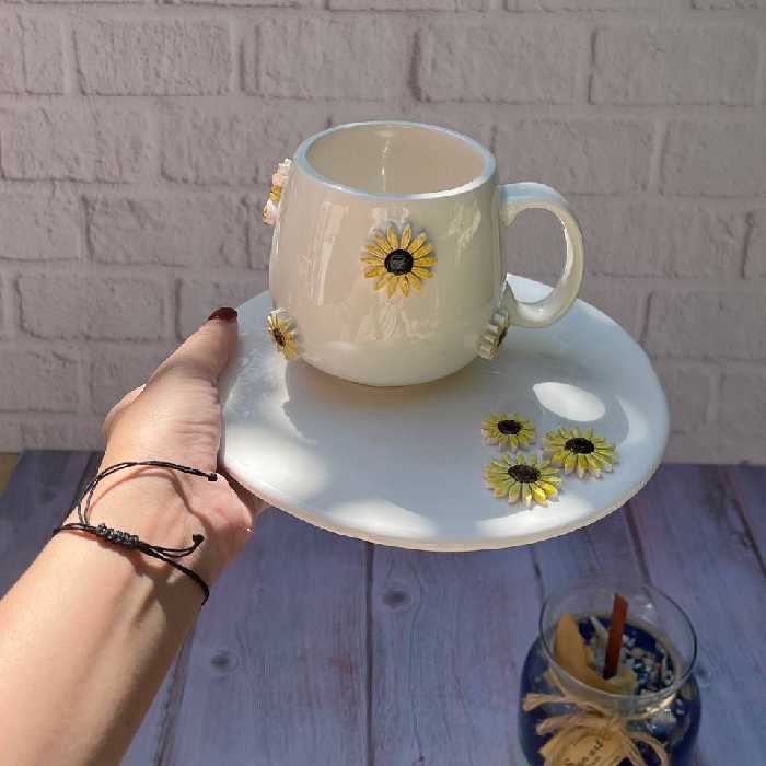 ست یک نفره گل افتابگردان دستساز برجسته سرامیکی