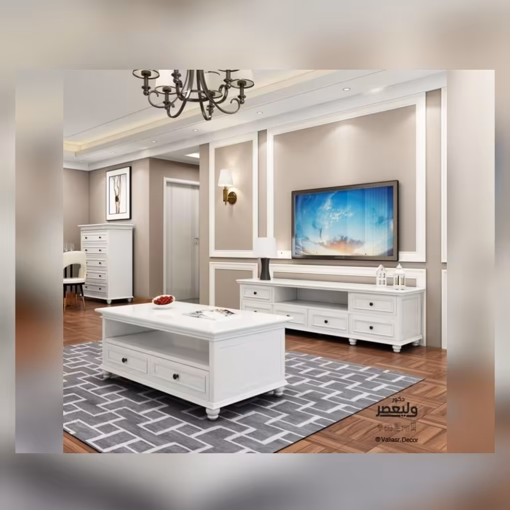 میزتلویزیون سفید و جلومبلی کشودار (پس کرایه)