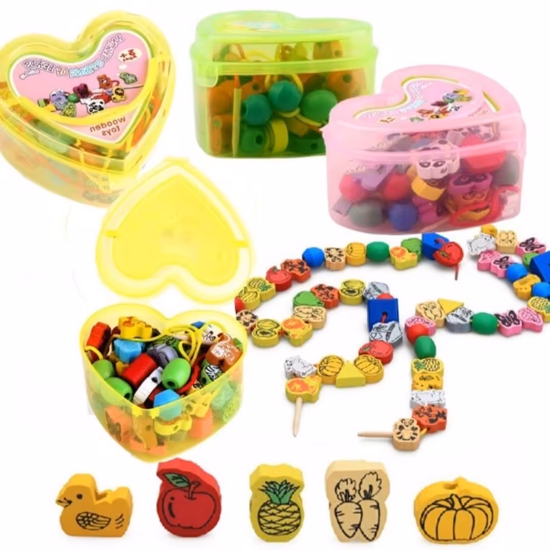 بازی فکری نخ و مهره چوبی قوطی قلبی 