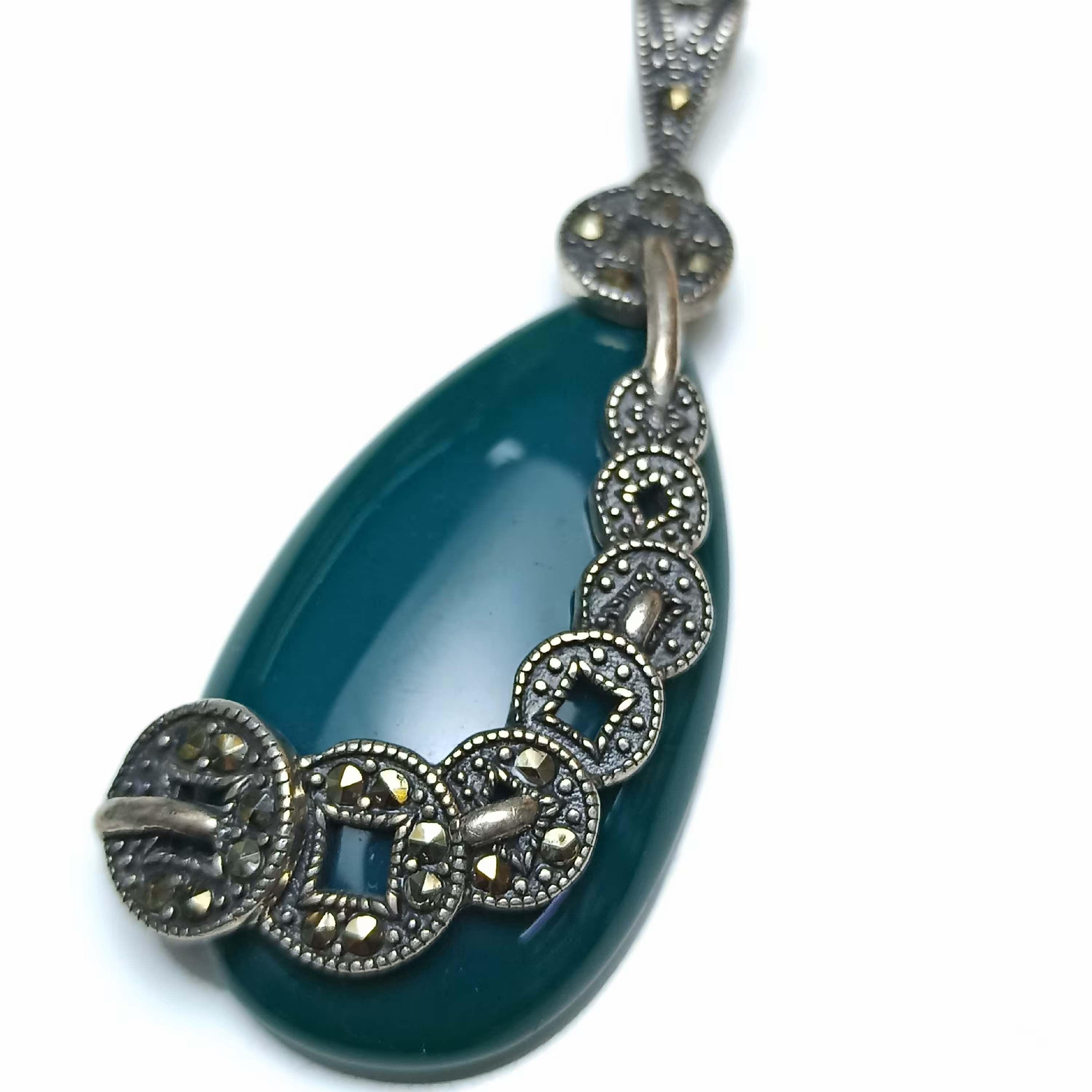 مدال نقره عقیق سبز مارکازیت سیاه قلم تایلندی اشکی