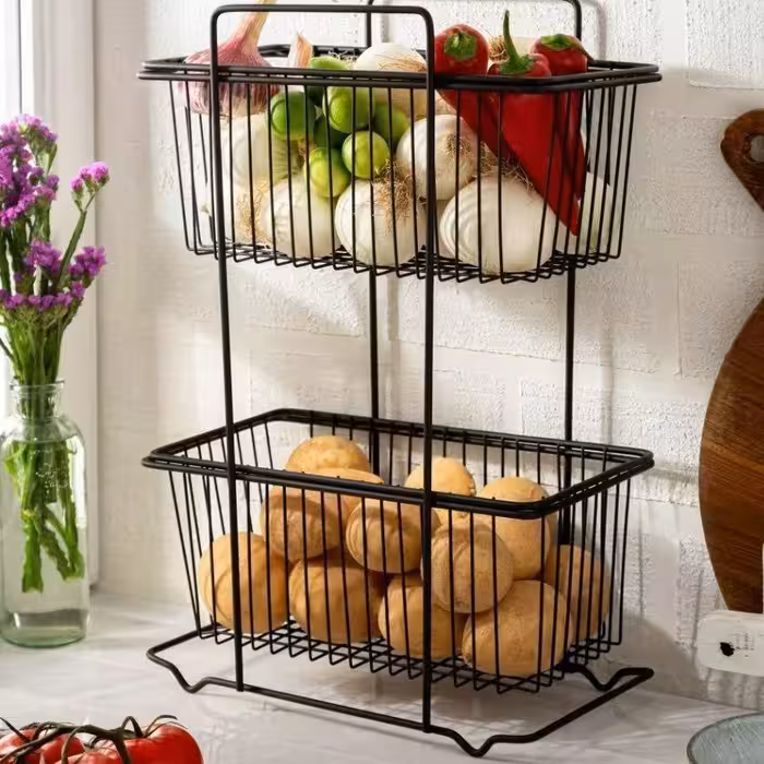 جا پیازی و سیب زمینی دو طبقه متحرک فلزی رنگ مشکی - بالای 600 خرید ارسال رایگان