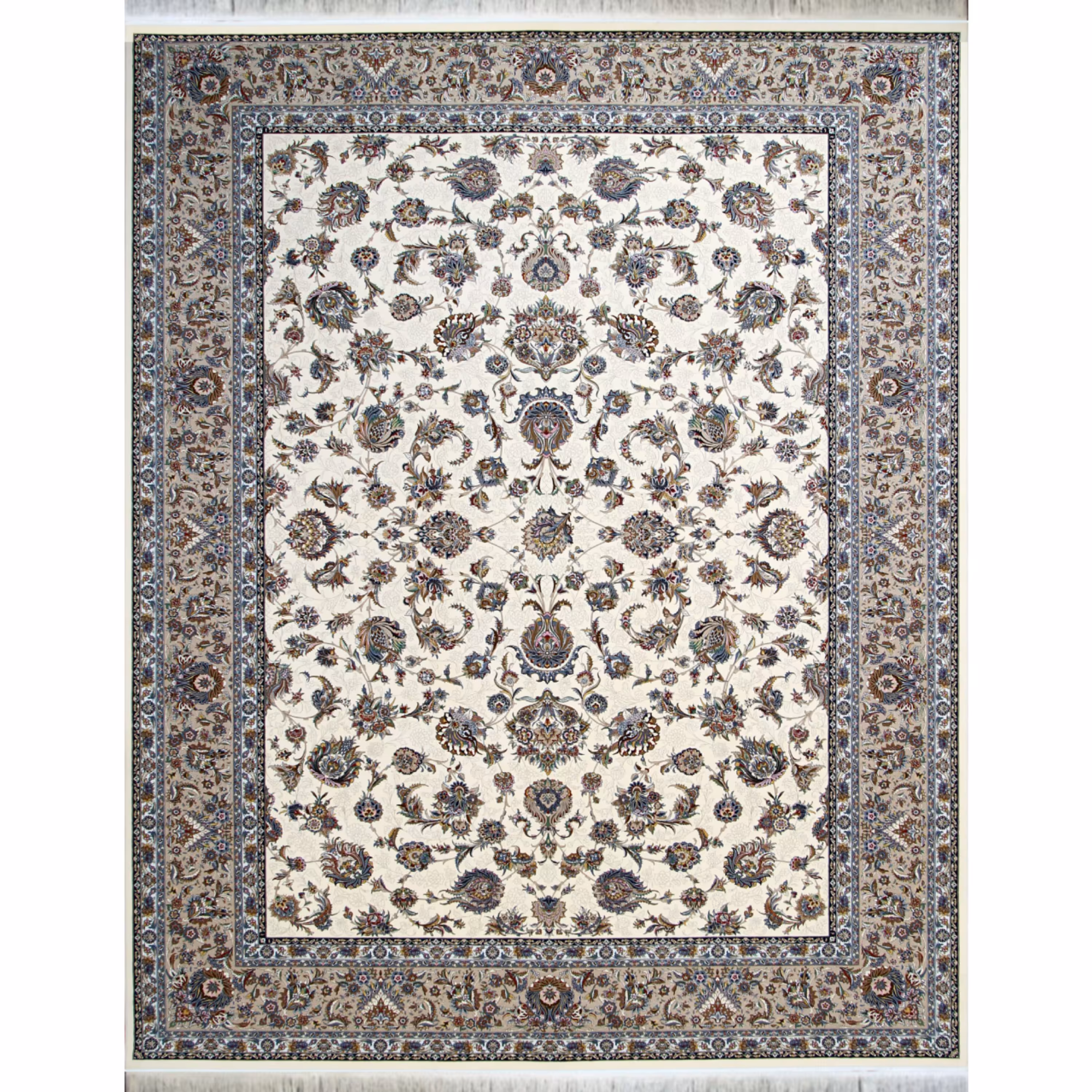 فرش ماشینی دستباف نما افرند 1250 شانه زمینه کرم کد 24300 (نه متری)