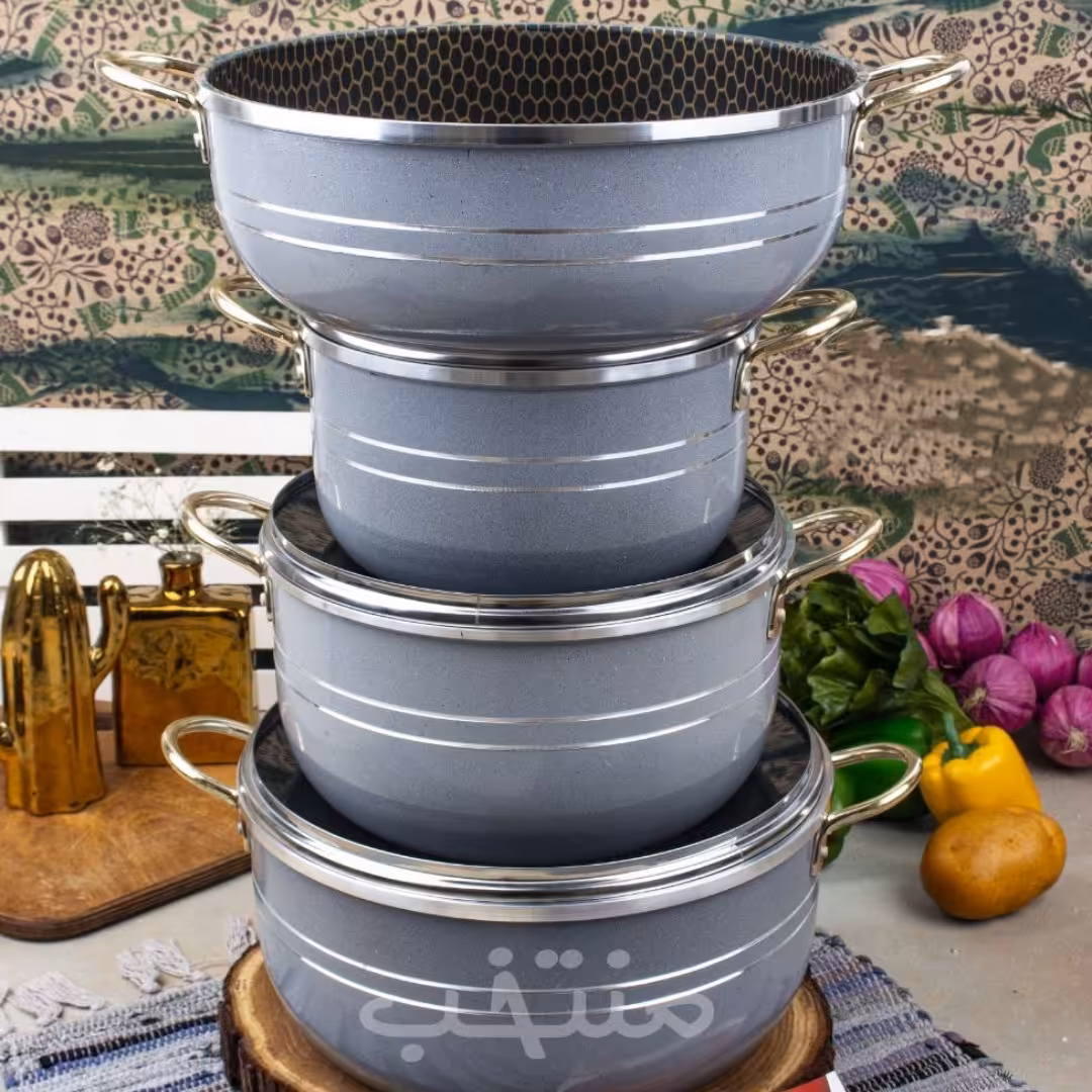 سرویس قابلمه 7 پارچه دسته و قوپه طلایی  طوسی  داخل گرانیت زنبوری 