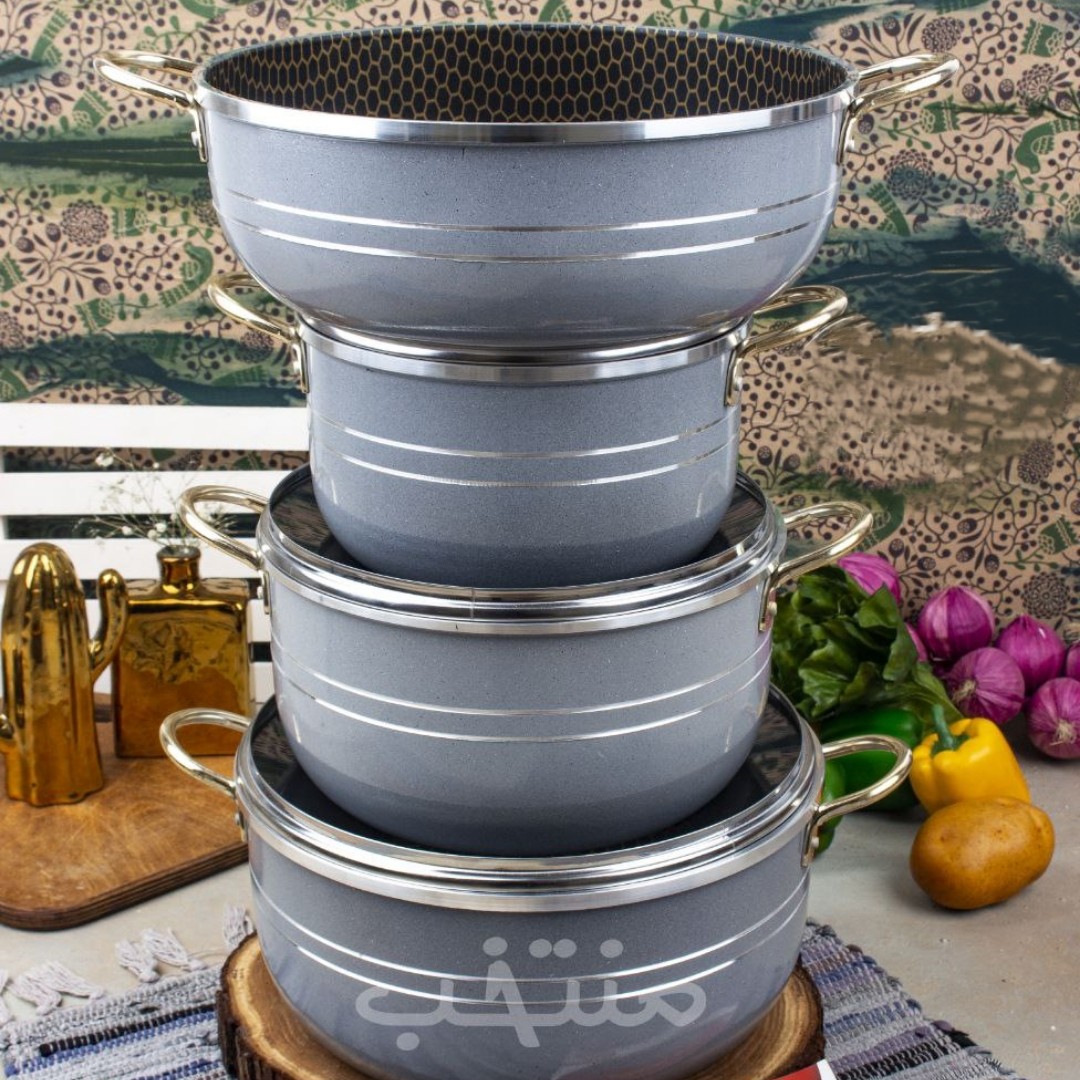 سرویس قابلمه 7 پارچه دسته و قوپه طلایی  طوسی  داخل گرانیت زنبوری 