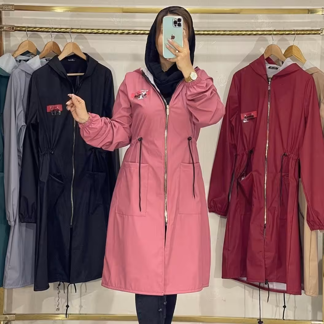 مانتو بارانی کمر گت مدل شایسته جنس لباس تیوپی ضد آب به همراه کش پارچه 