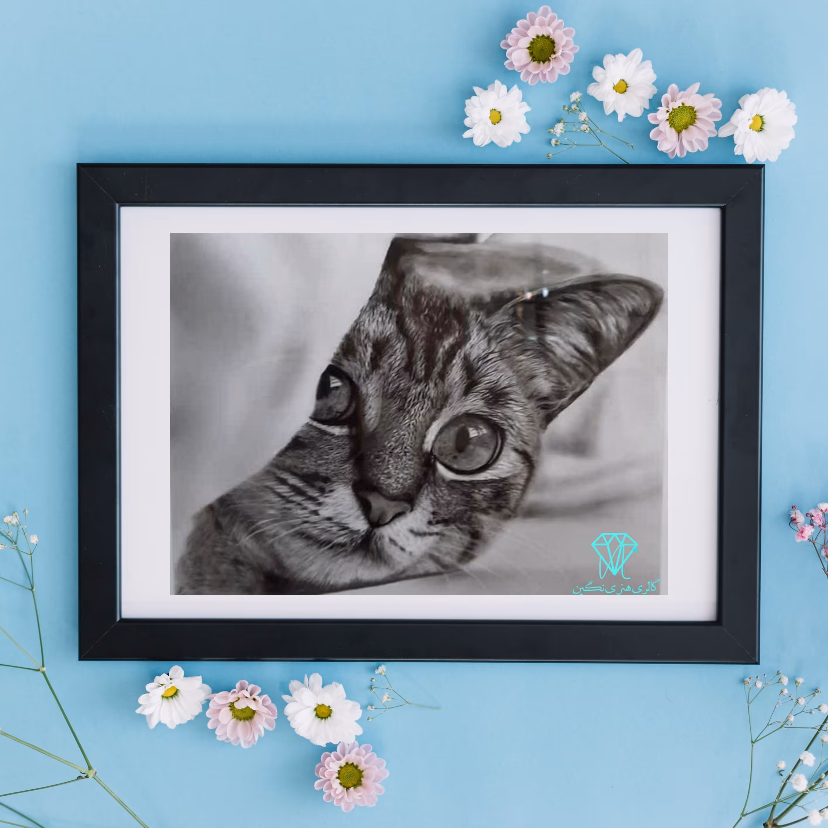تابلو نقاشی سیاه قلم طرح گربه (دارای قاب و پاسپارتو) با ابعاد 45 در 35