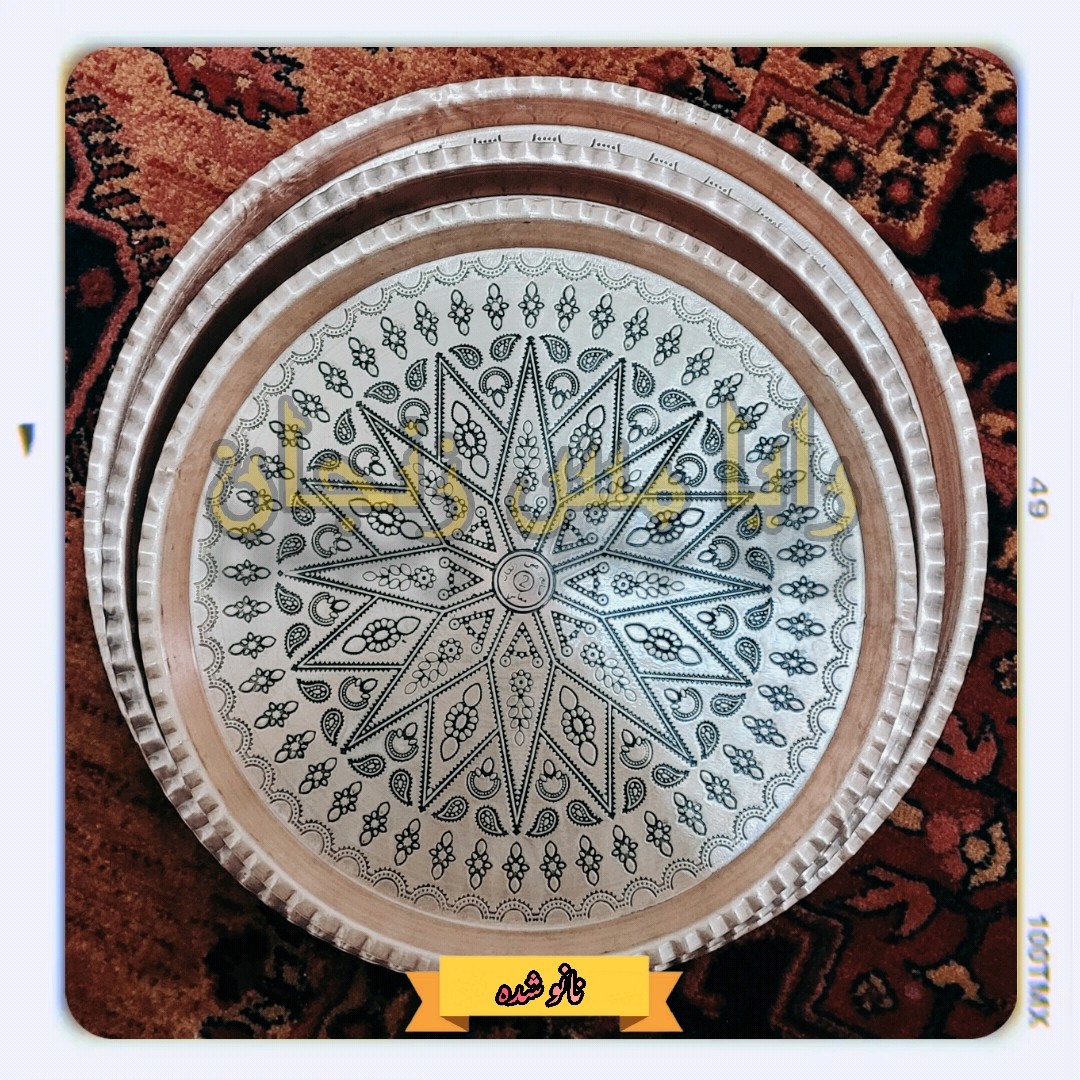 سینی مسی مدل گرد - سایز 9 ( قطر 34 ) - رنگ سفید و قرمز نانو شده - فروشگاه مس لادن زنجان