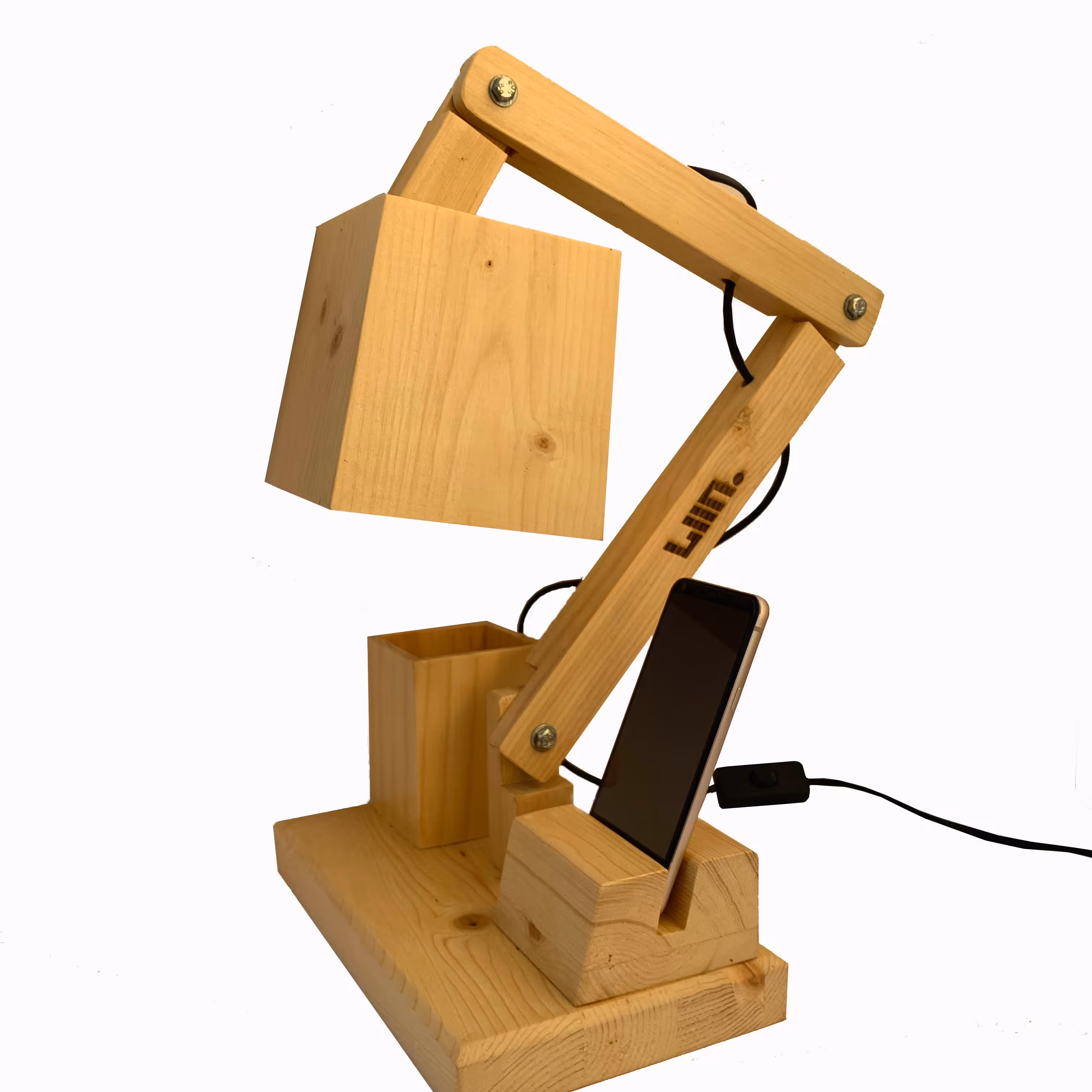 چراغ مطالعه چوبی  دست ساز ، همراه با جا موبایلی و جا مدادی 