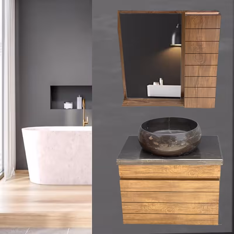 روشویی کابینتی طرح چوب دیواری با سنگ طبیعی روکار مشکی  همراه آینه باکس (پس کرایه)