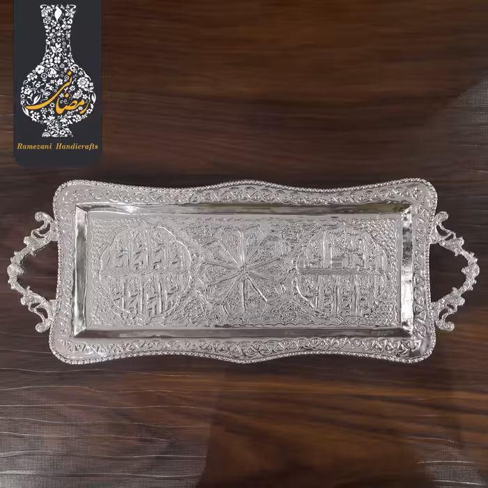 قلمزنی سینی رولت خوری پایه دار بزرگ قلم تخت جمشید سفید طرح نقره