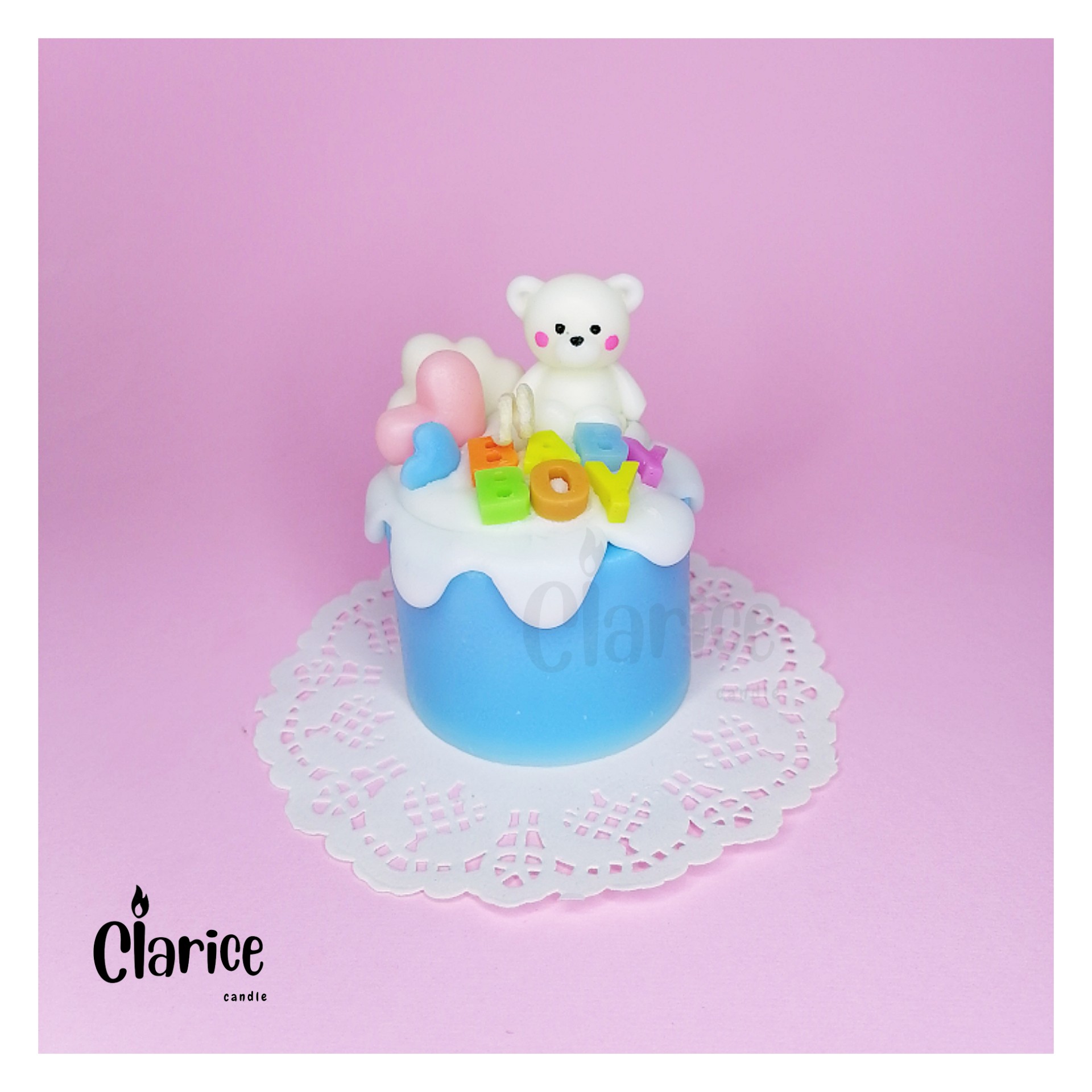 شمع فانتزی دستساز  مدل مینی کیک با خرسی  (baby boy)، هدیه تولد، گیفت تولد