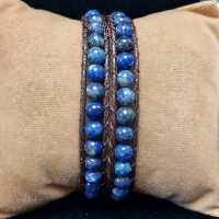 دستبند سنگ لاجورد افغان دو دور با نخ چرمی...سایز سنگ 6