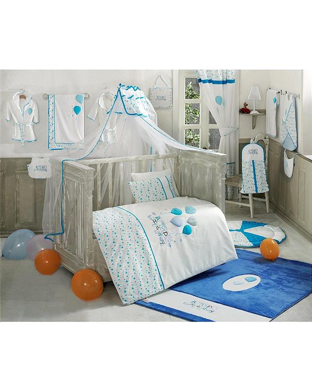 سرویس خواب کیدبو اصل ترکیه  9 تکه نوزادی طرح بادکنک ابی سفید کیدبو Kidboo مدل happy birthday