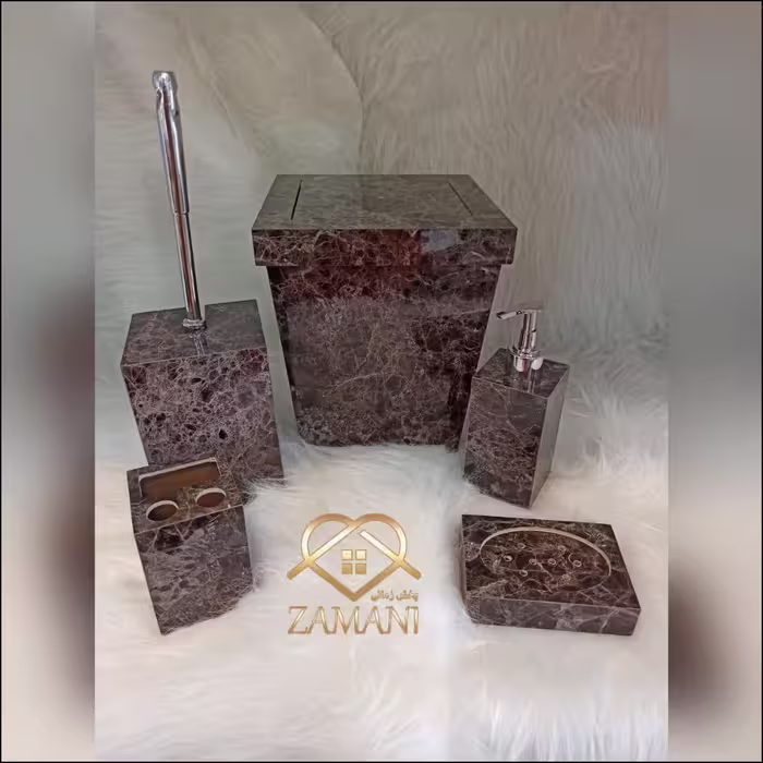 ست 5 تیکه سطل . فرچه . جا مایع . جا مسواکی . جا صابونی طرح سنگ کد 201