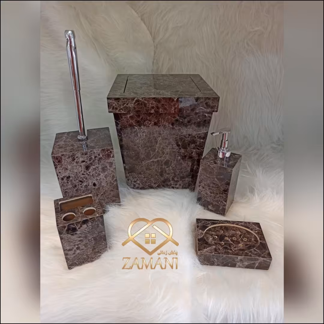 ست 5 تیکه سطل . فرچه . جا مایع . جا مسواکی . جا صابونی طرح سنگ کد 201