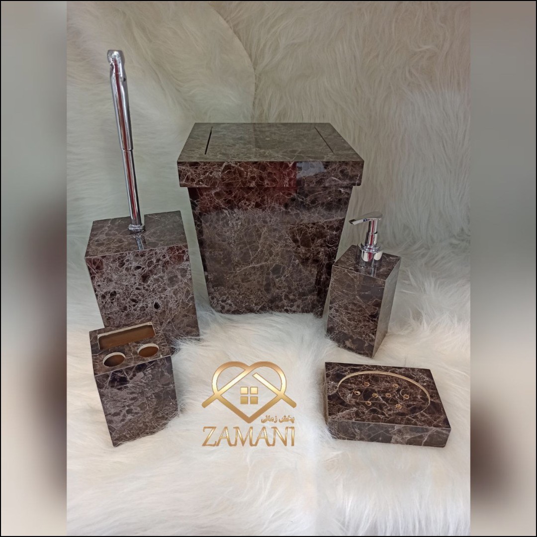 ست 5 تیکه سطل  فرچه  جا مایع  جا مسواکی  جا صابونی طرح سنگ کد 201