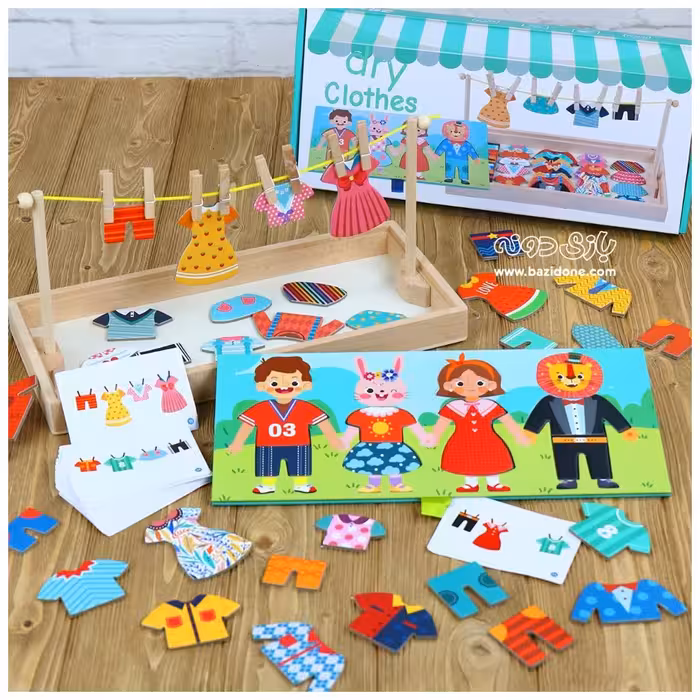 بازی فکری باکس پازل و بند لباس چوبی 