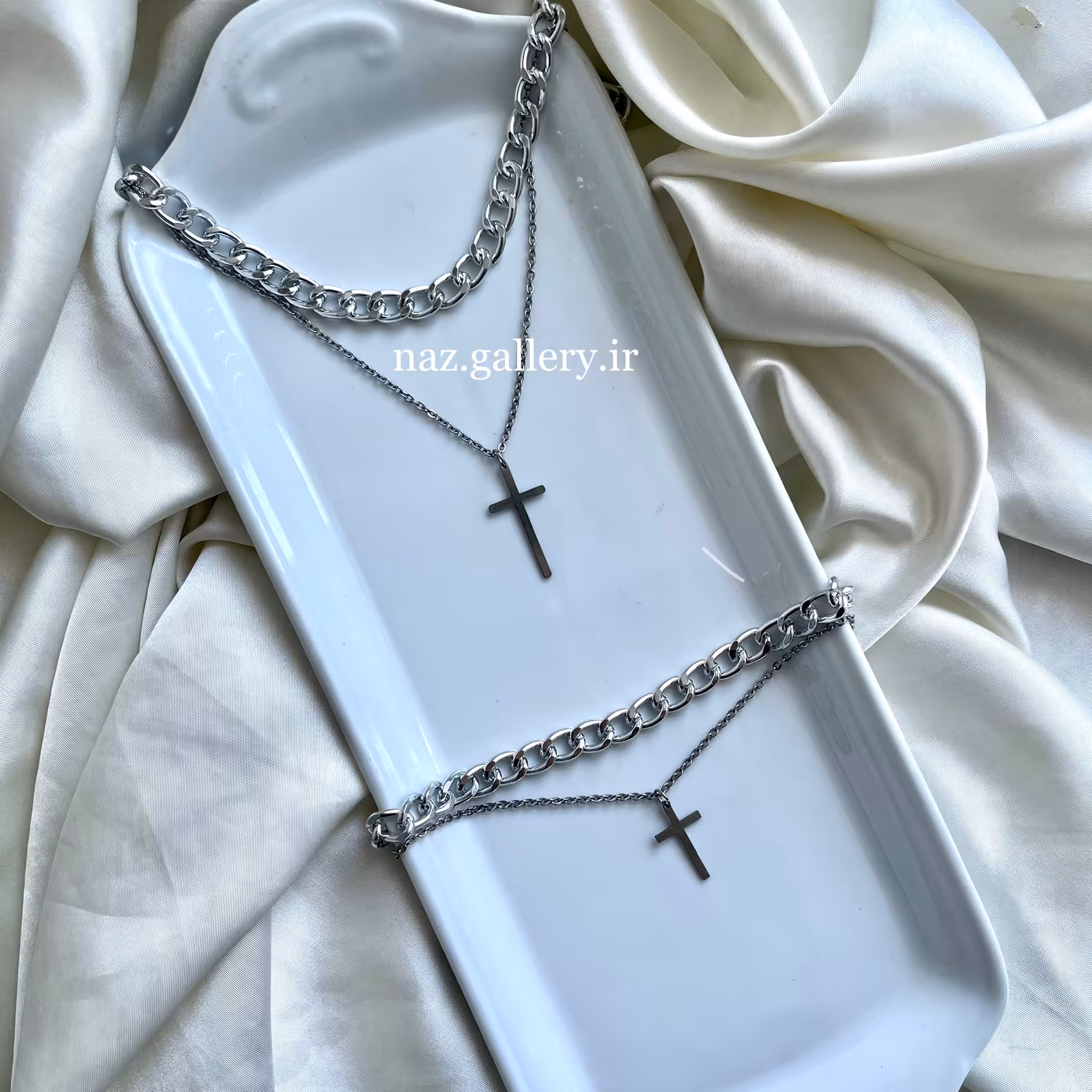 ست گردنبند و دستبند دو لاین کارتیر نقره ای  