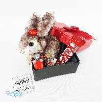 پکیج کادوی ولنتاین با عروسک خرگوش طبیعی نشسته ارتفاع 18 سانتی متر
