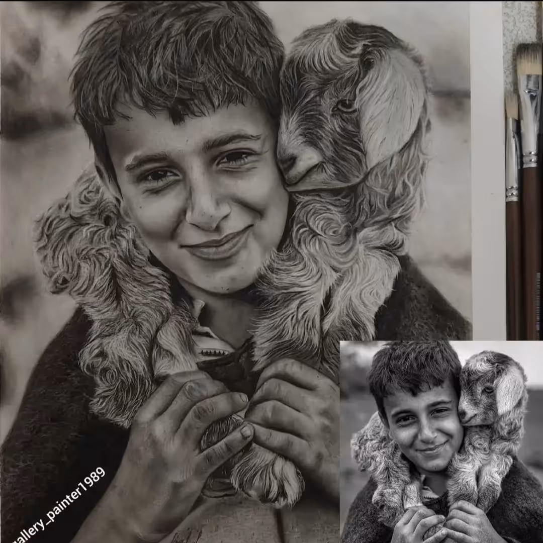 نقاشی پسرچوپان سیاه قلم (هایپر رئال) ابعاد 30×40 یاa3