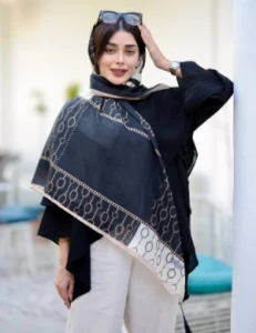 روسری نخی سفید رنگش ماته دست دوز قواره 140