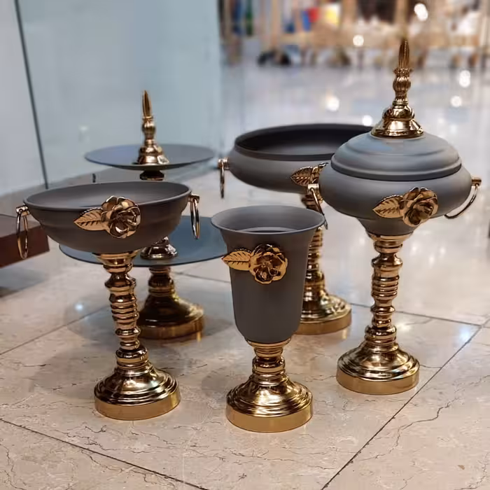 سرویس پذیرایی پایه بلند گل رز  رنگ طوسی استاتیک پایه فورتیک برنز