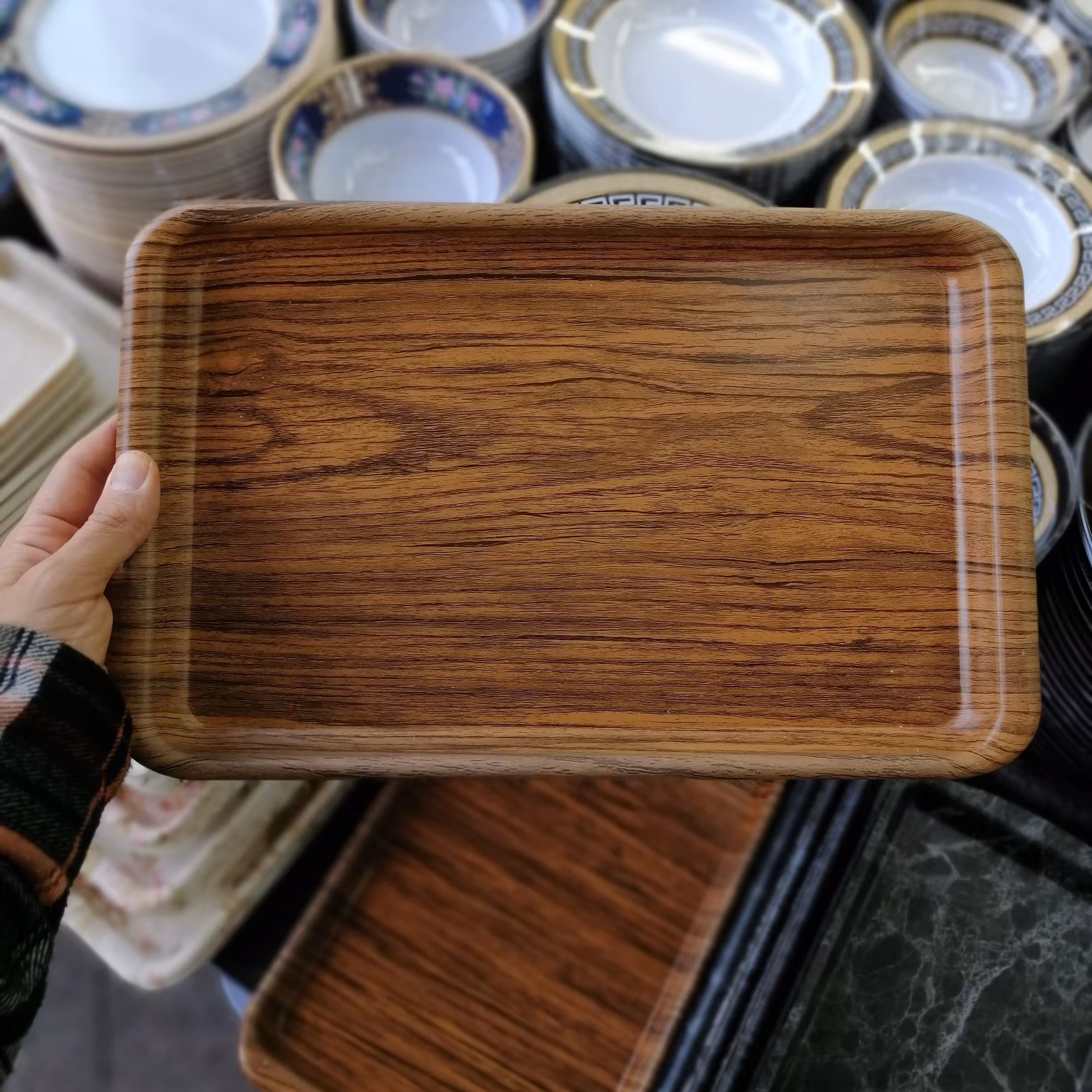 سینی ترکیب ملامین پلاستیک طرح چوب 22 در 34 قابل استفاده در ظرفشویی