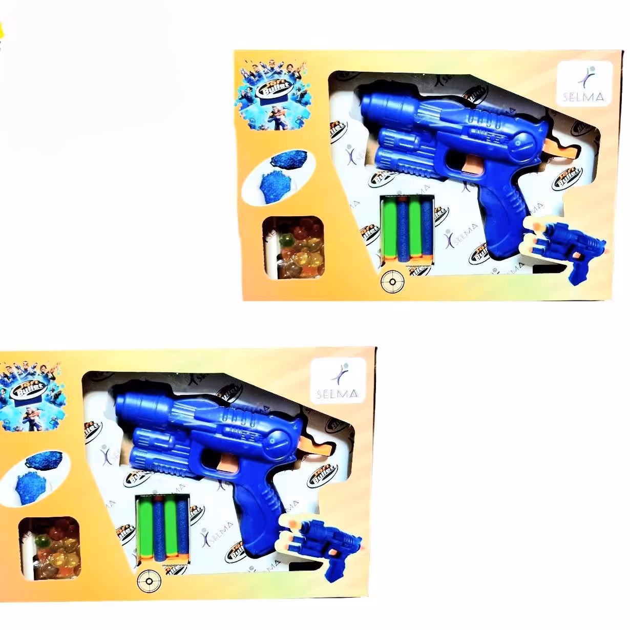 تفنگ تیر ژله ای و فومی رنگ آبی دارای بسته ی تیر ژله ای و4عددتیر فومی