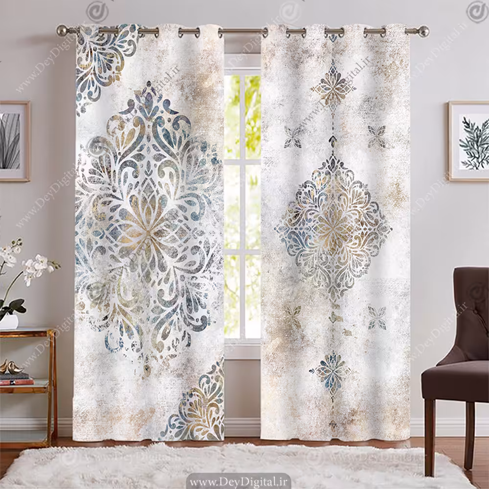 پرده چاپی طرح شمسه و گل اسلیمی رنگ آبی و زرد با زمینه WA-2239