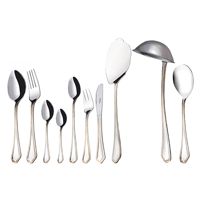 سرویس قاشق و چنگال 24 نفره ناب استیل طرح ونیز دور طلایی (98 پارچه)
