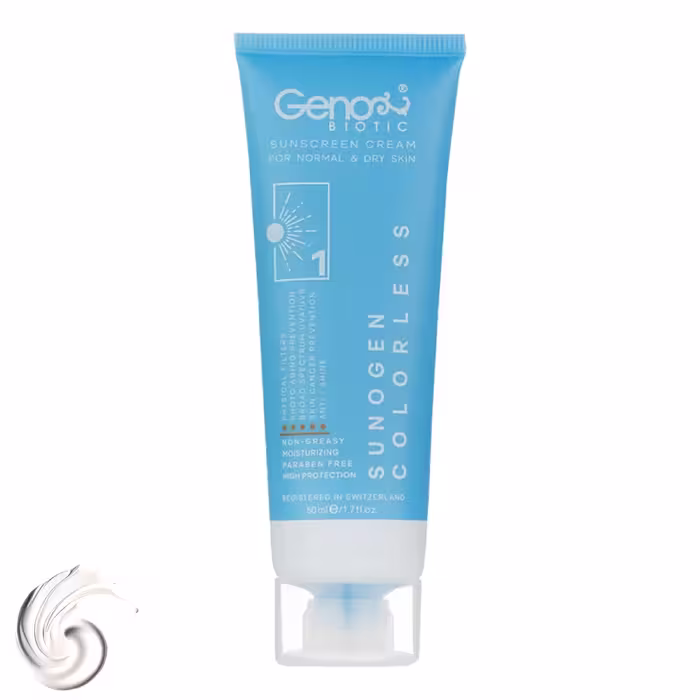 کرم ضد آفتاب SPF50 بی رنگ ژنوبایوتیک مناسب پوست خشک و معمولی حجم 50 میلی لیتر