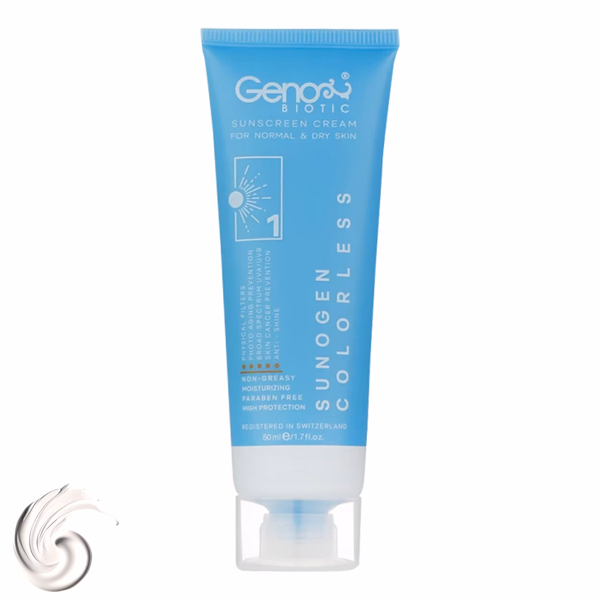 کرم ضد آفتاب SPF50 بی رنگ ژنوبایوتیک مناسب پوست خشک و معمولی حجم 50 میلی لیتر