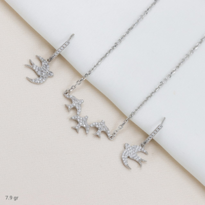 نیم ست نقره دخترانه با زنجیر چسبان طرح پرنده کد 3504