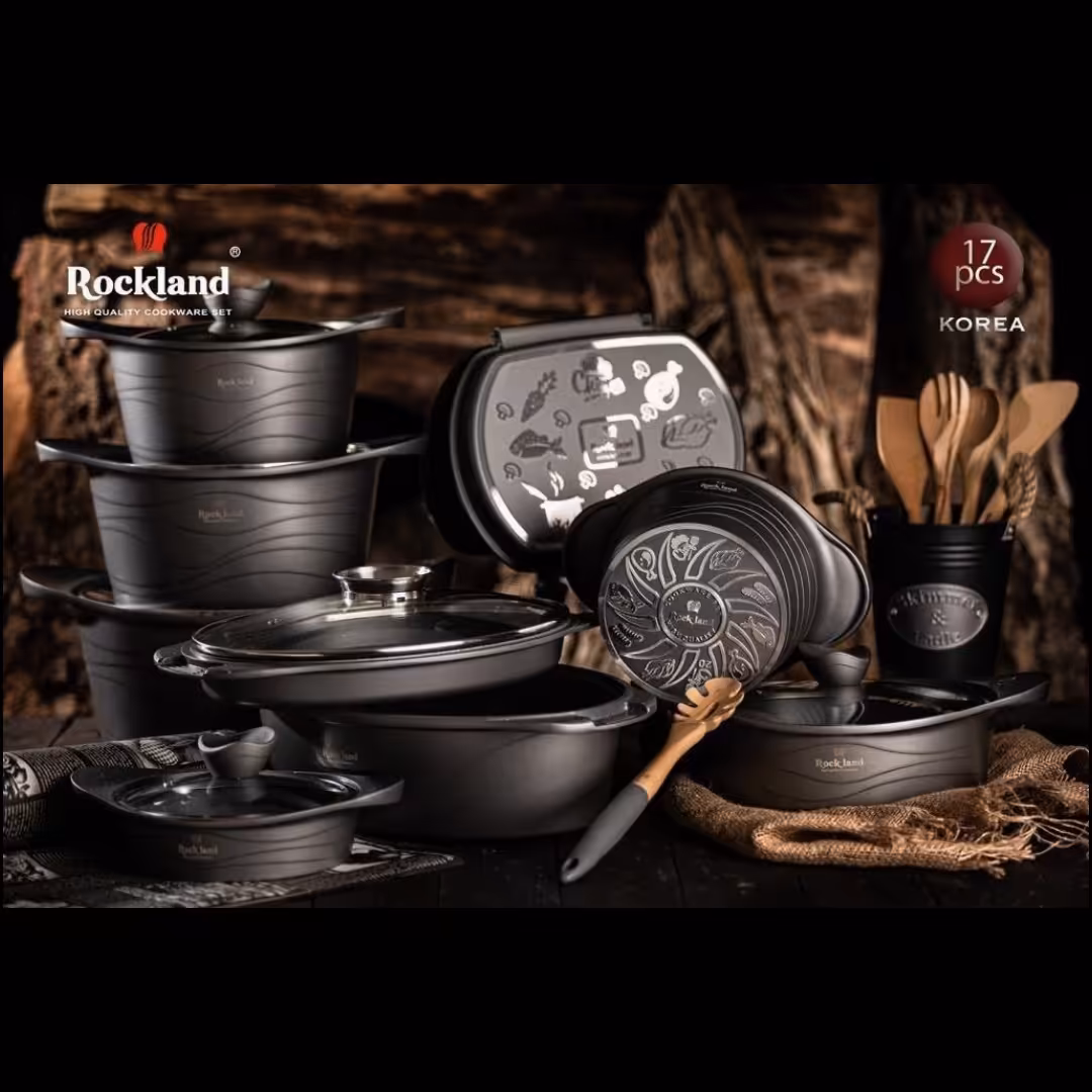 سرویس قابلمه چدن گرانیت 17 پارچه برند راکلند مدل موجی رنگ طوسی