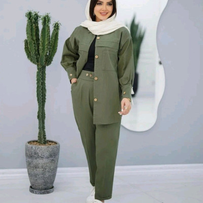 مانتو شلوار زنانه لنین نچرال مدل ست ریحانه