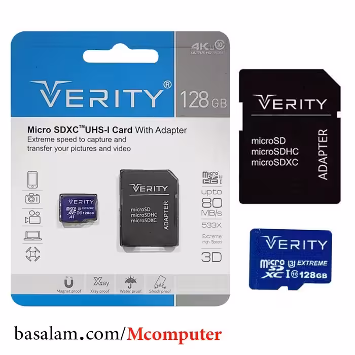 مموری کارت (رم میکرو) 128 گیگابایت ورایتی کلاس 10 استاندارد UHS-I U3 به همراه آداپتور و ضمانت مادام العمر