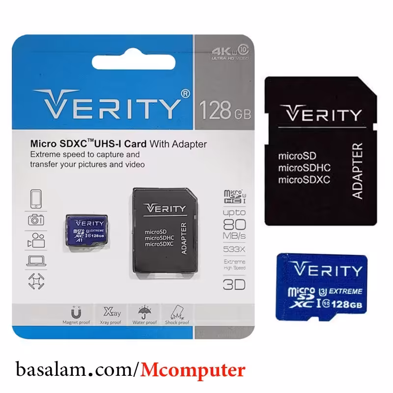 مموری کارت (رم میکرو) 128 گیگابایت ورایتی کلاس 10 استاندارد UHS-I U3 به همراه آداپتور و ضمانت مادام العمر