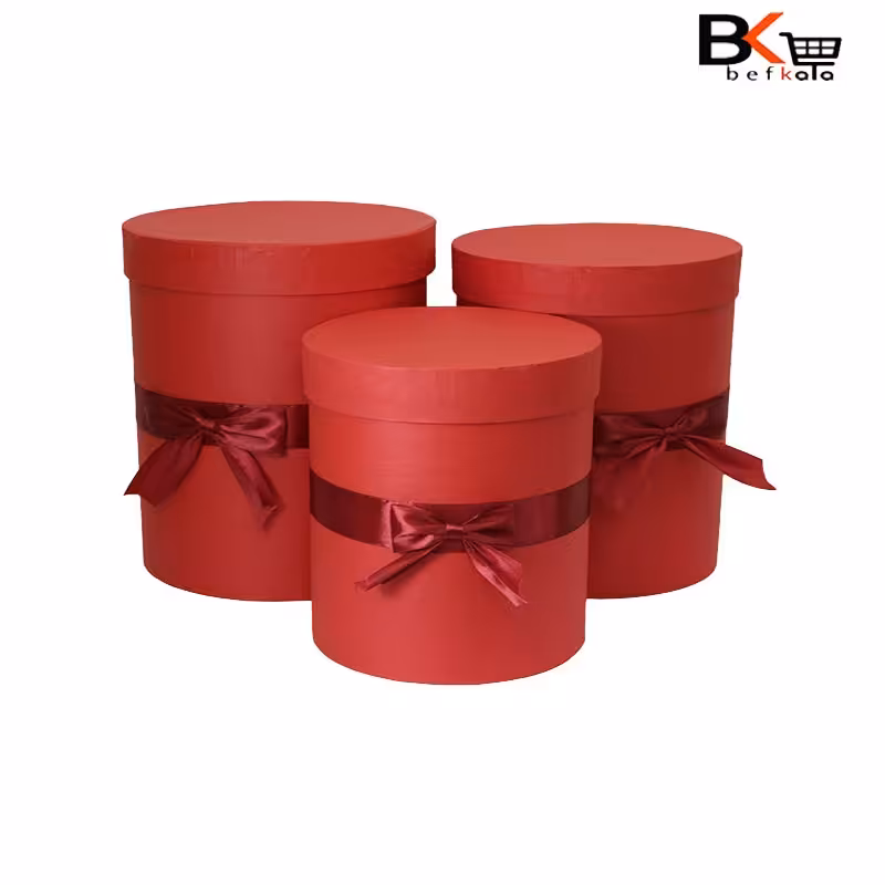 باکس کادویی 3 تکه استوانه ای ایستاده  پاپیون دار قرمز کد58 پک کامل